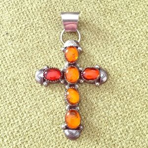 Vintage Mexican sterling silver cross faux amber